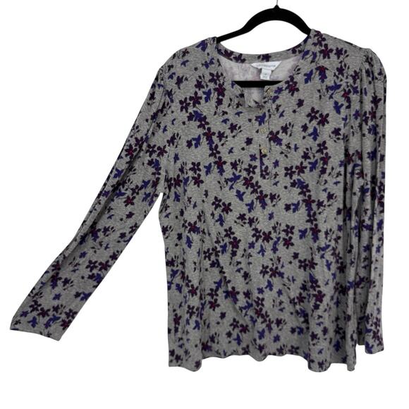 Liz Claiborne Henley top size XL Gray Purple Floral Long Sleeve Pullover - Picture 1 of 9